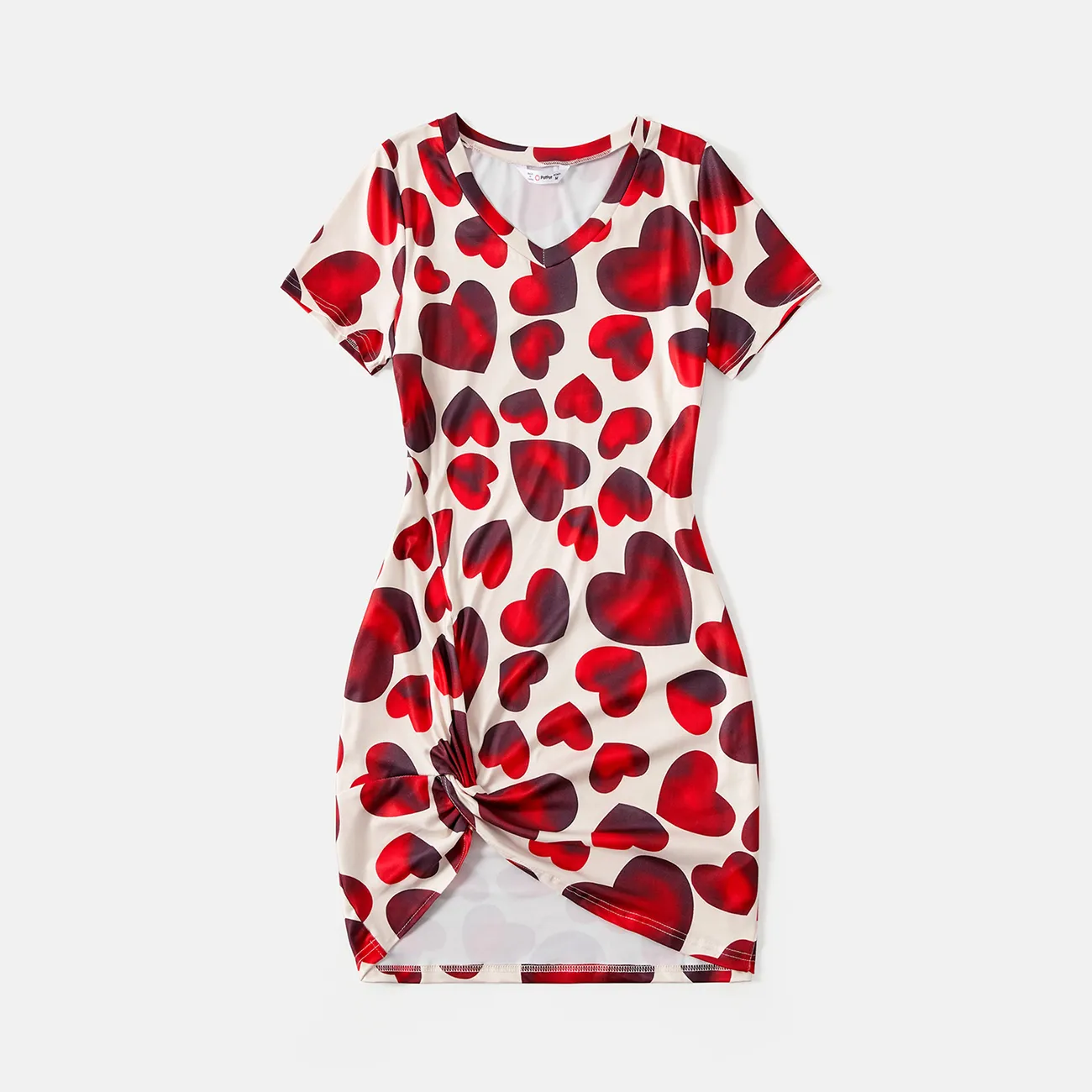 Family Matching Allover Red Heart Print Twist Knot Bodycon Dresses and Short-sleeve Colorblock T-shirts Sets Red/White big image 1