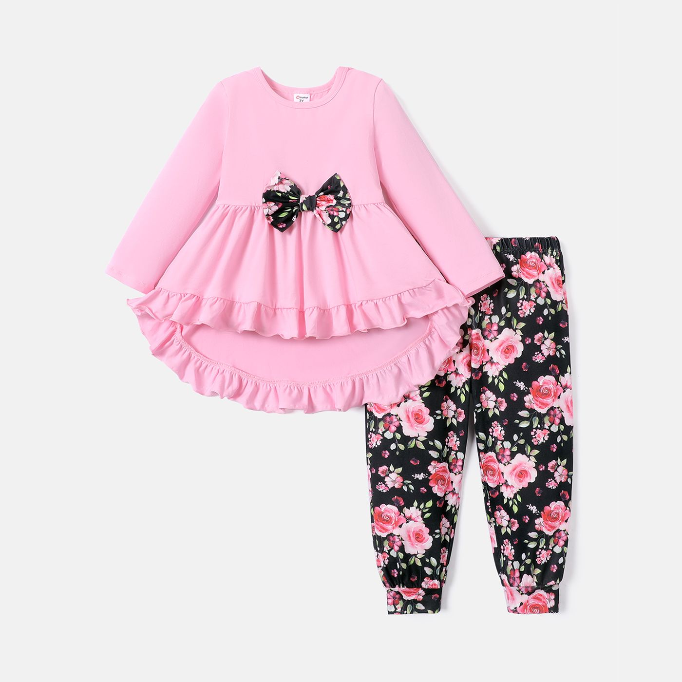 

2pcs Toddler Girl Bowknot Design Ruffled High Low Tee and Floral Print Pants Set