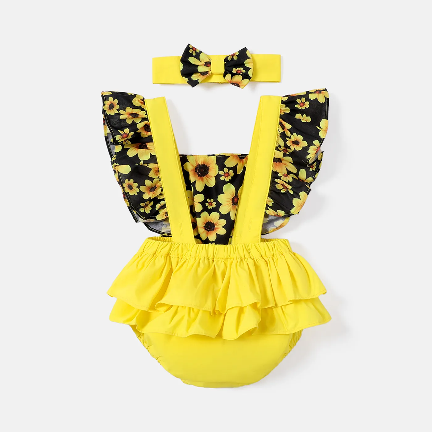 2pcs Baby Girl 100% Cotton Solid & Sunflower-print Spliced Layered Ruffle Trim Romper & Headband Set Bright Yellow image 2