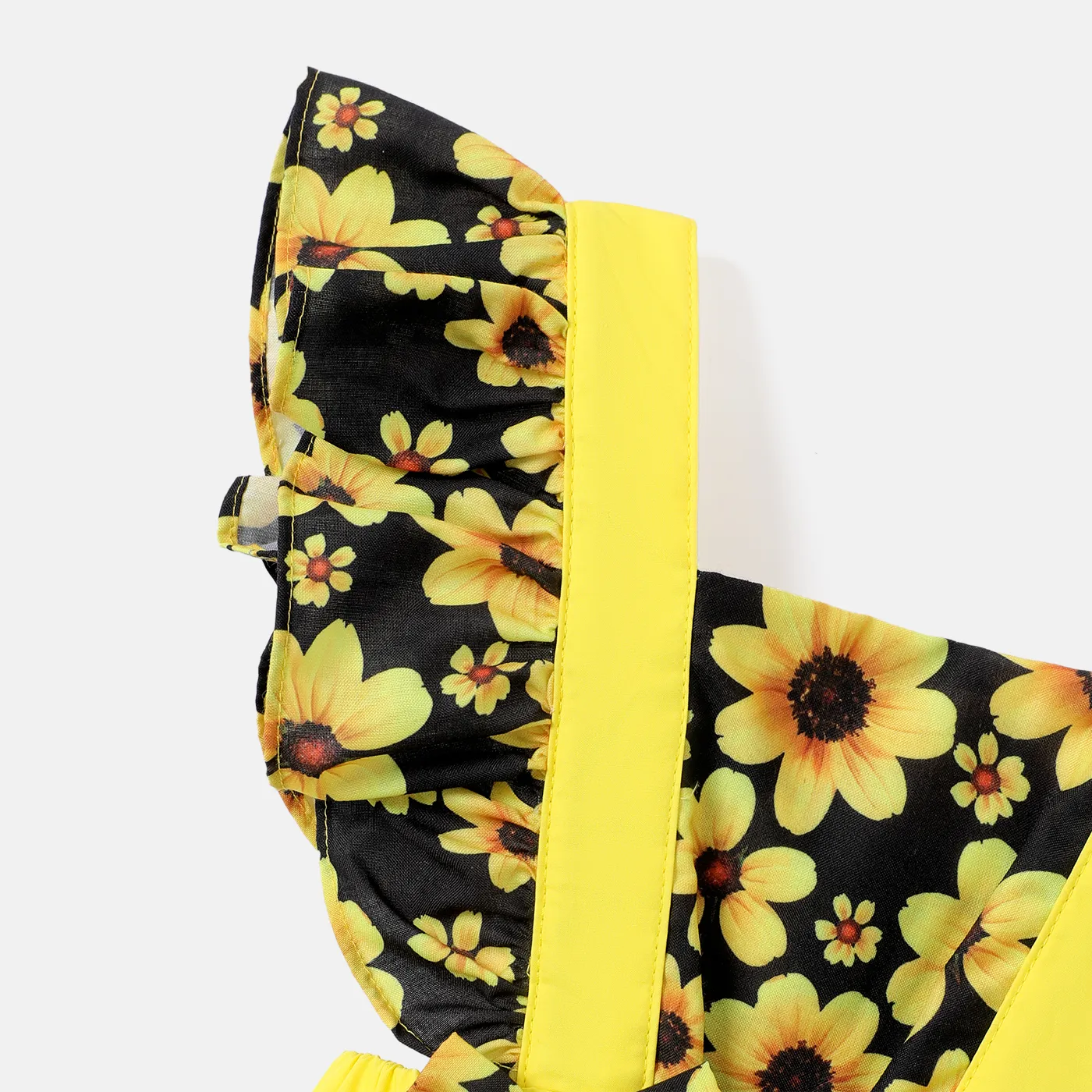 2pcs Baby Girl 100% Cotton Solid & Sunflower-print Spliced Layered Ruffle Trim Romper & Headband Set Bright Yellow image 3