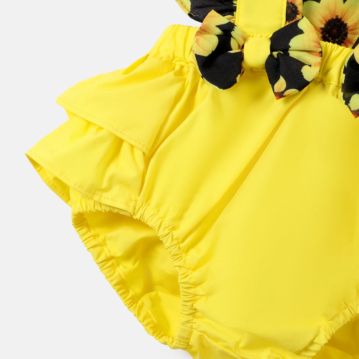 2pcs Baby Girl 100% Cotton Solid & Sunflower-print Spliced Layered Ruffle Trim Romper & Headband Set Bright Yellow image 4