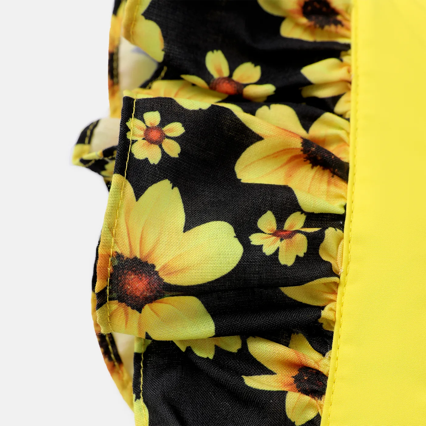 2pcs Baby Girl 100% Cotton Solid & Sunflower-print Spliced Layered Ruffle Trim Romper & Headband Set Bright Yellow image 5