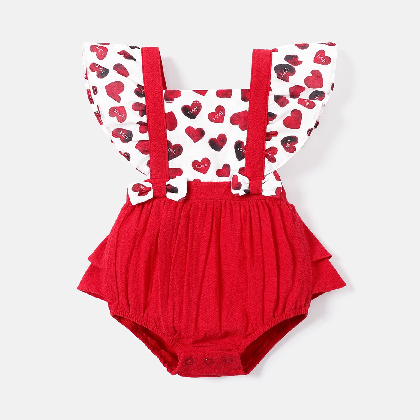 

Baby Girl 100% Cotton Solid & Heart-print Spliced Ruffle Trim Bow Front Romper