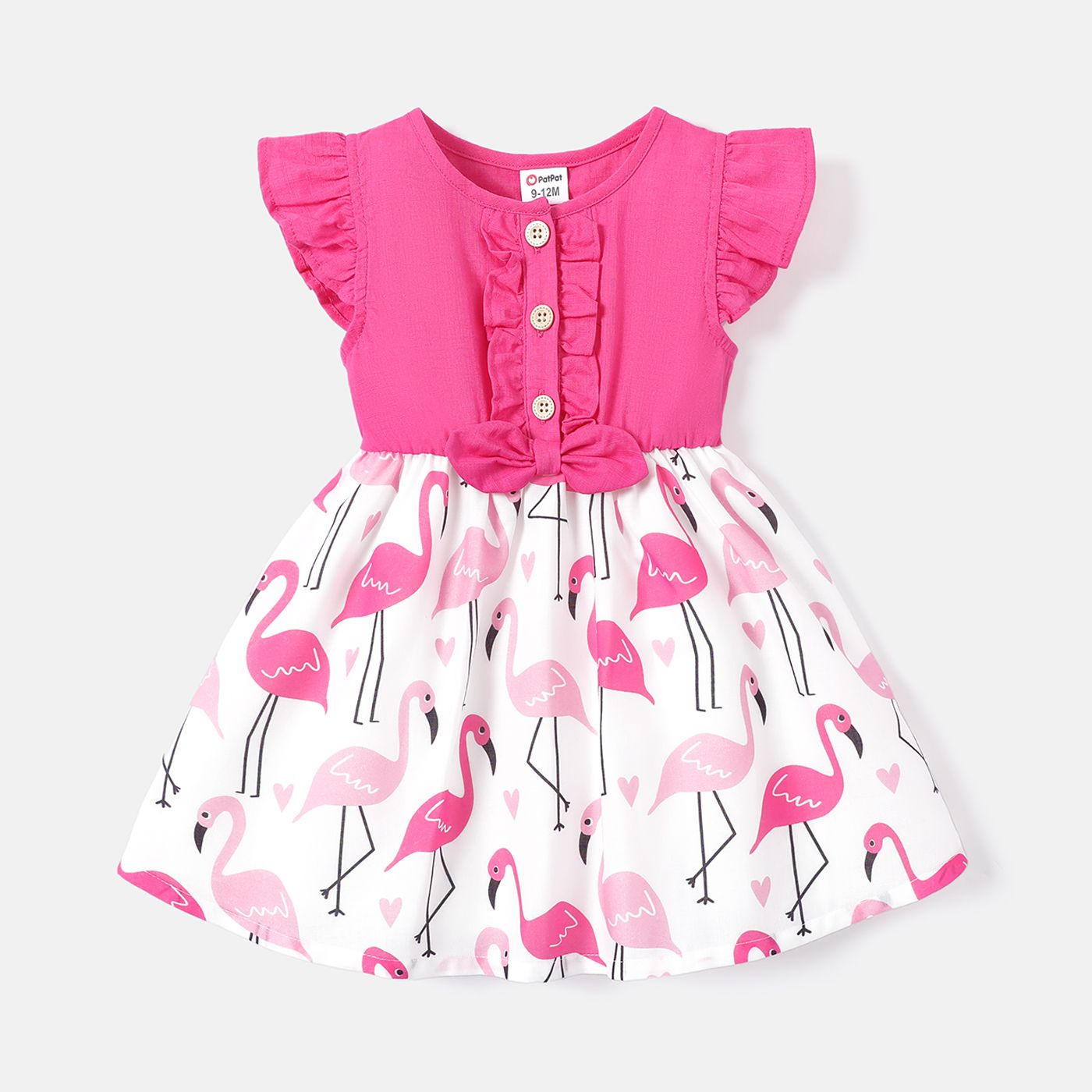 

Baby Girl Cotton Bowknot Design Flamingo Print Splice Flutter-sleeve Dress