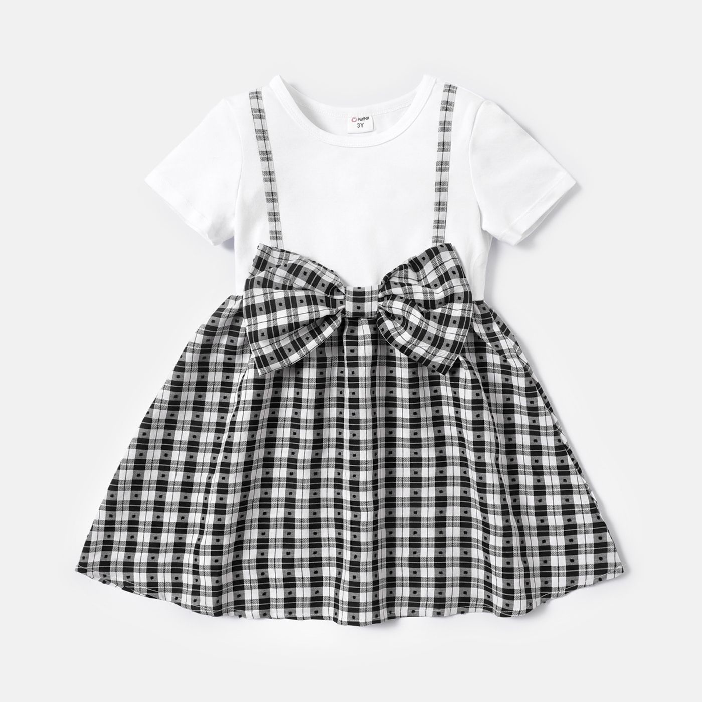 

Toddler Girl Bowknot Design Plaid Splice Short-sleeve Dress