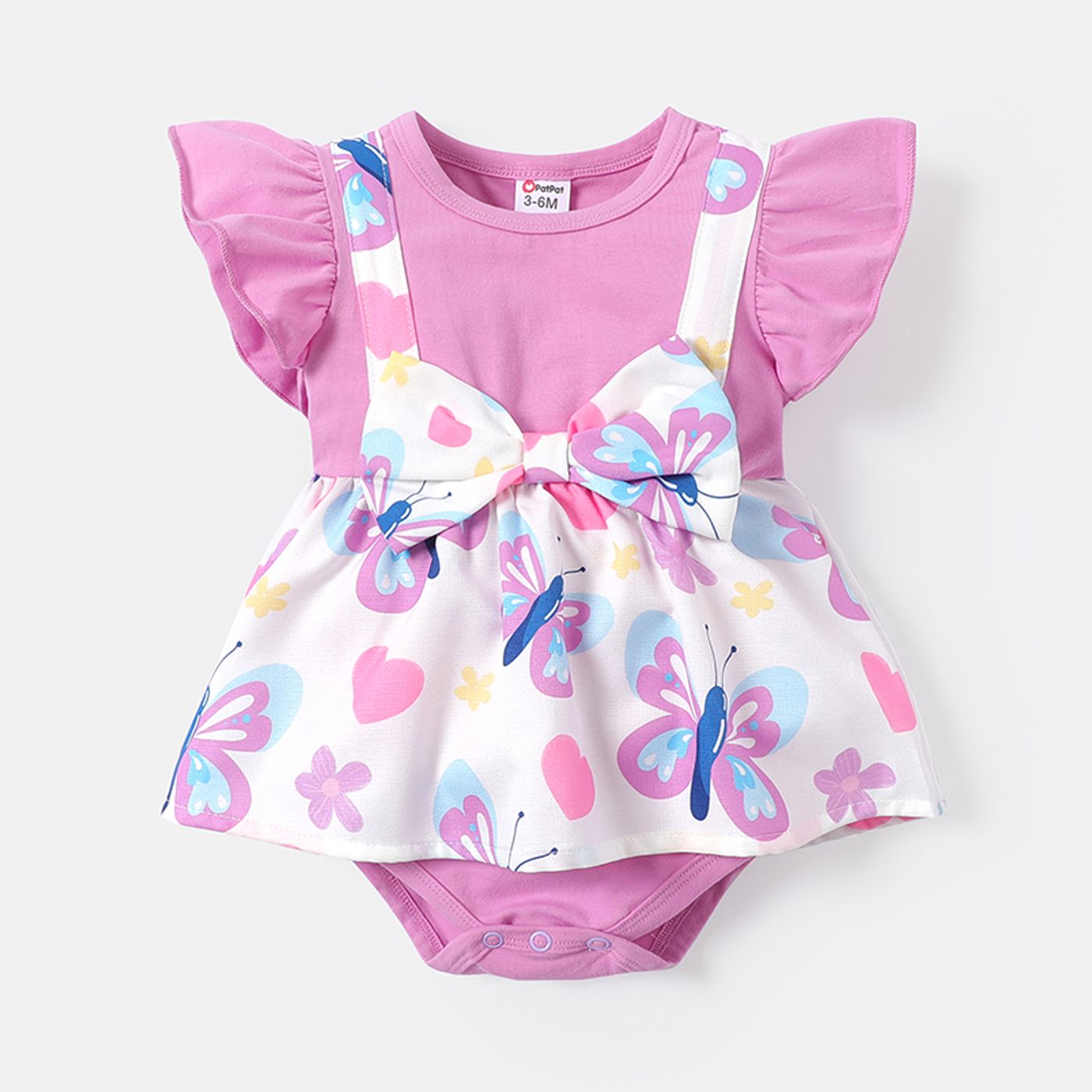 

Baby Girl Cotton Faux-two Floral Print Bowknot Design Flutter-sleeve Rompers
