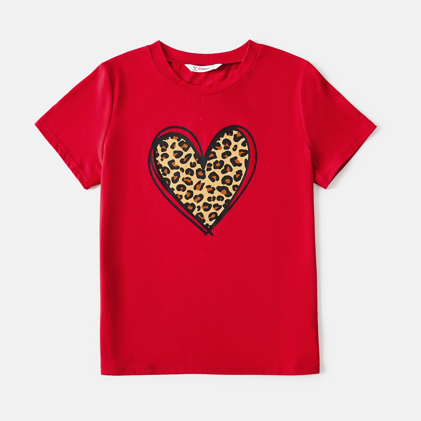 Maman Et Moi T-shirts Rouges à Manches Courtes En Coton Imprimé Coeur Léopard