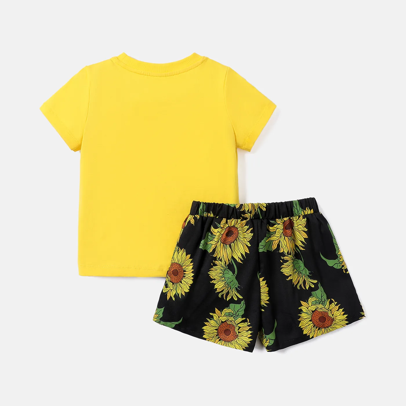 2pcs Toddler Girl 100% Cotton Letter Graphic Short-sleeve Tee and Allover Sunflower Print Pom Poms Shorts Set TenderYellow image 2