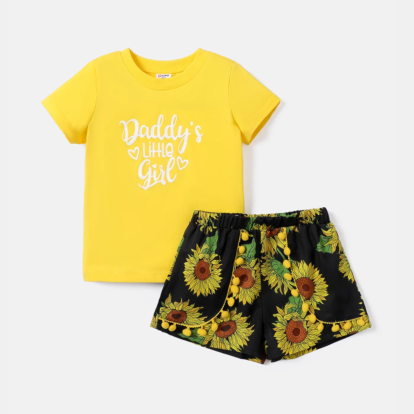 2pcs Toddler Girl 100% Cotton Letter Graphic Short-sleeve Tee and Allover Sunflower Print Pom Poms Shorts Set TenderYellow big image 1