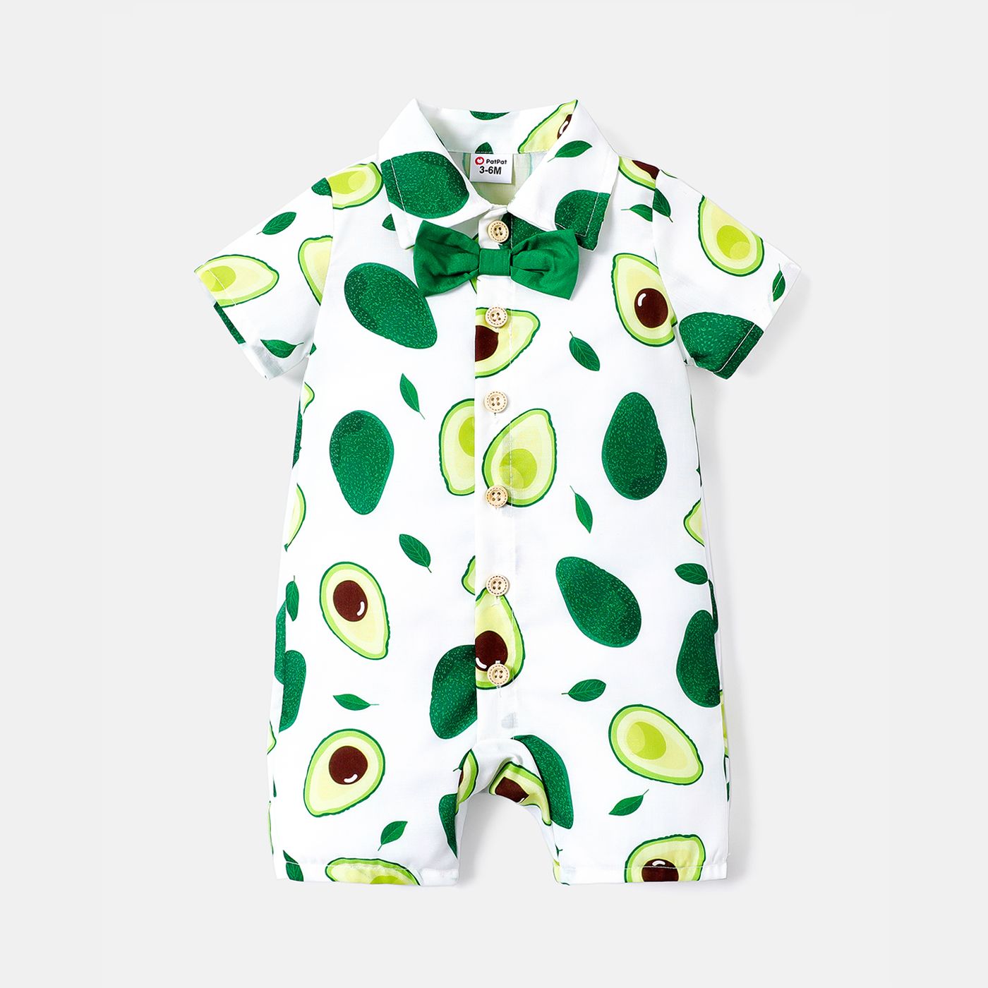 

Baby Boy Avocado Print Bow Tie Decor Short-sleeve Shirt Romper / Baby Girl Contrast Bow Front Avocado Embroidered Mesh Flutter-sleeve Dress