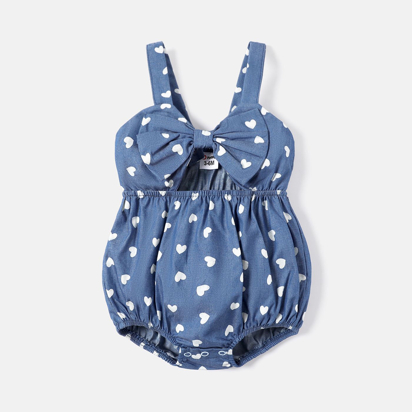 

Baby Girl 100% Cotton Allover Heart Print Bow Front Cut Out Sleeveless Denim Romper