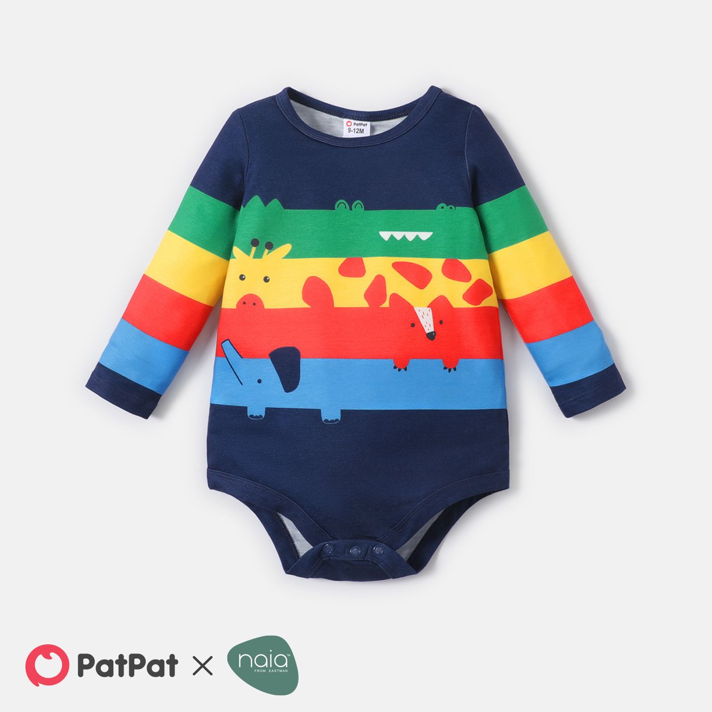 Naiaâ¢ Baby Boy Long-sleeve Animal Graphic Rainbow Striped Romper