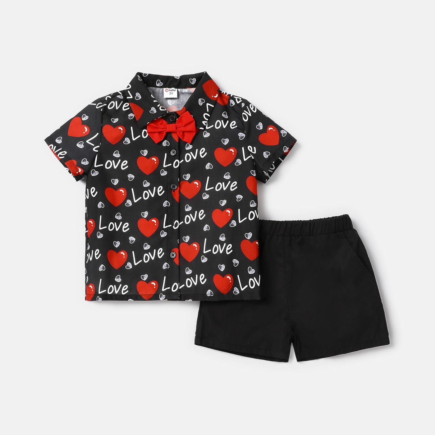 

2pcs Toddler Boy Heart Print Bow tie Design Shirt and Elasticized Shorts Set