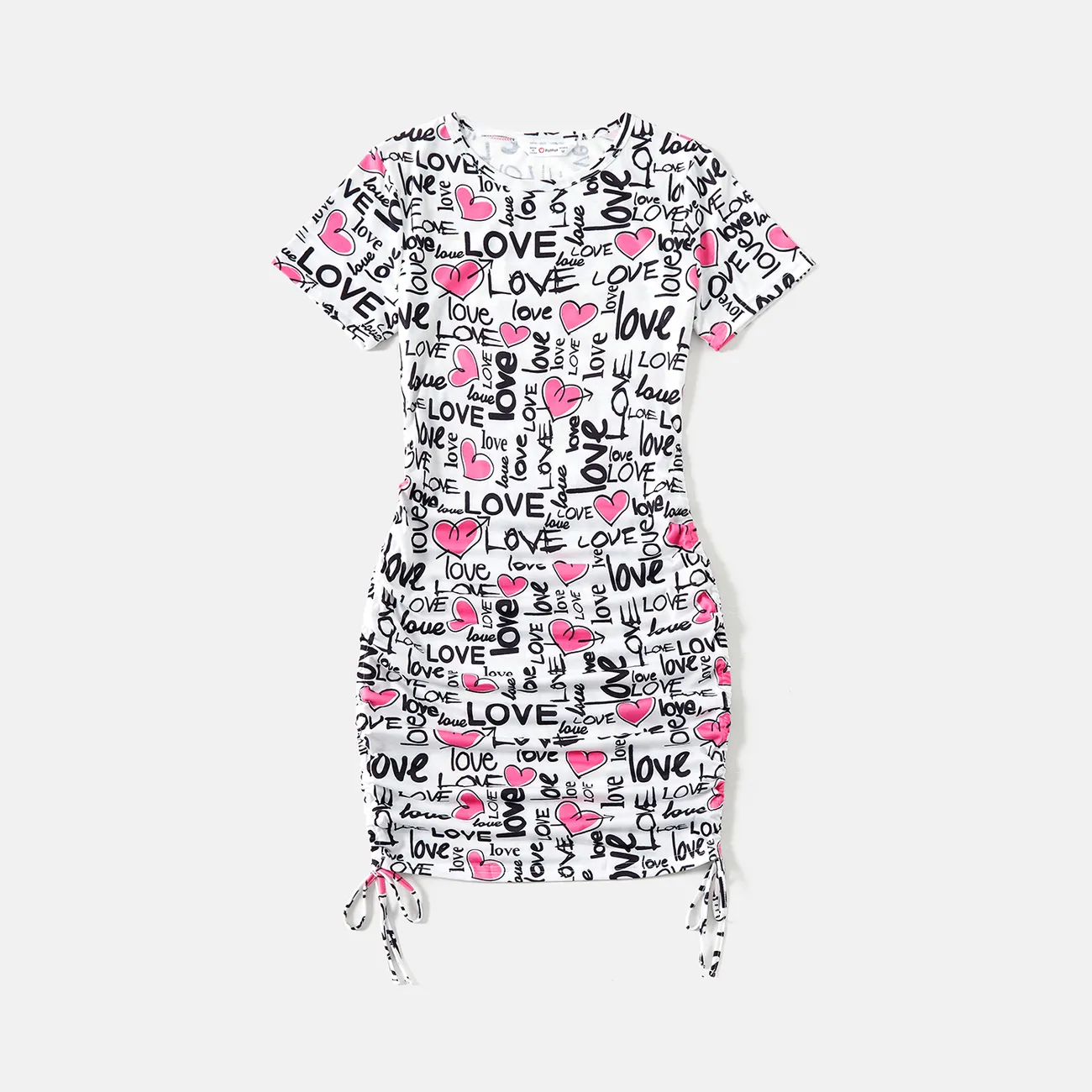 Family Matching Allover Heart & Letter Print Drawstring Ruched Bodycon Dresses and Short-sleeve T-shirts Sets Multi-color big image 1