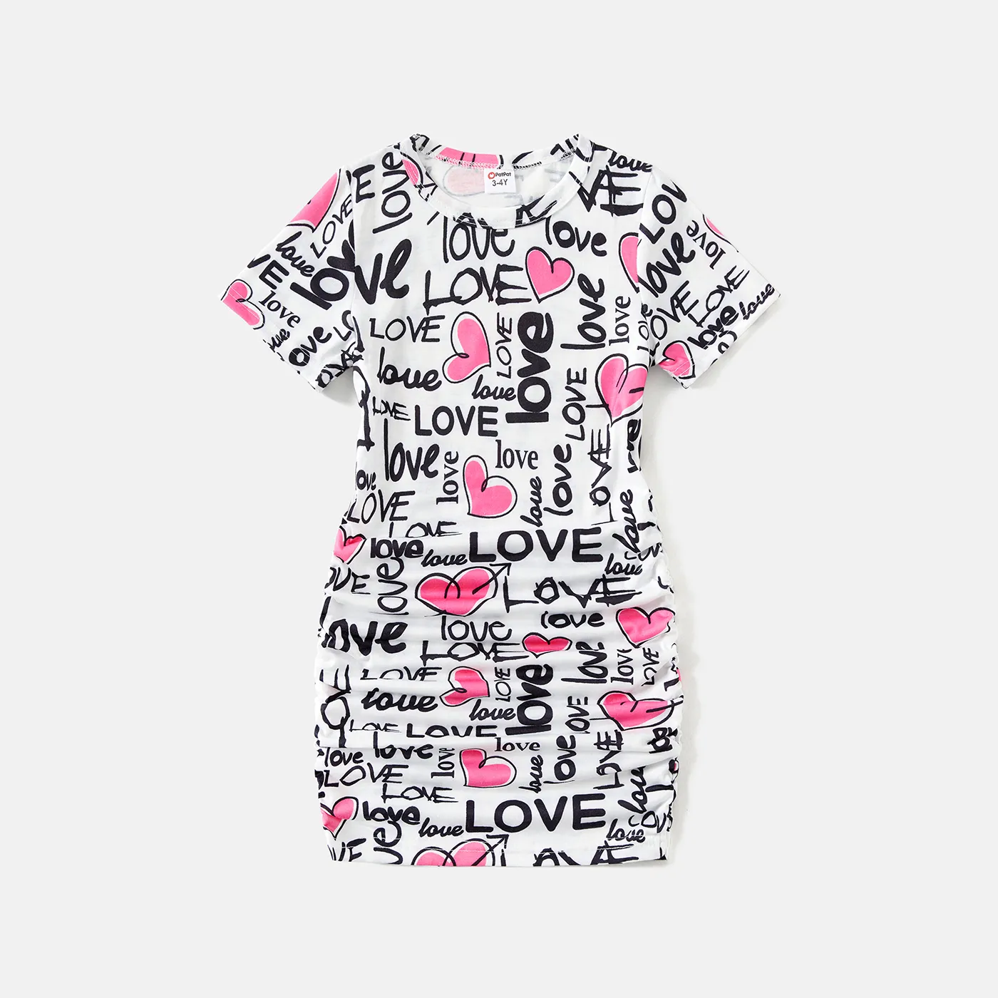 Valentine's Day Family Matching Allover Heart & Letter Print Drawstring Ruched Bodycon Dresses And Short-sleeve T-shirts Sets