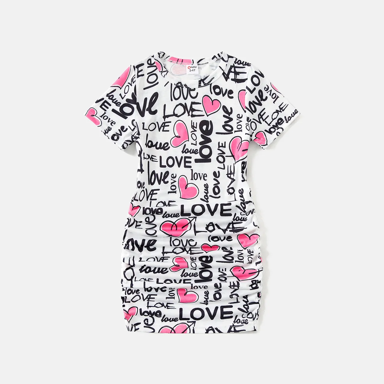 Family Matching Allover Heart & Letter Print Drawstring Ruched Bodycon Dresses and Short-sleeve T-shirts Sets Multi-color big image 1