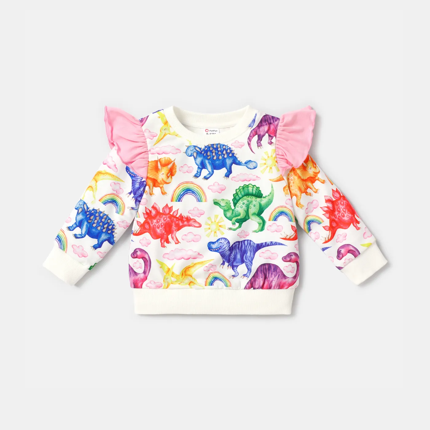 Baby Girl Allover Colorful Dinosaur Print Ruffle Trim Long-sleeve Naia™ Sweatshirt Pink big image 1