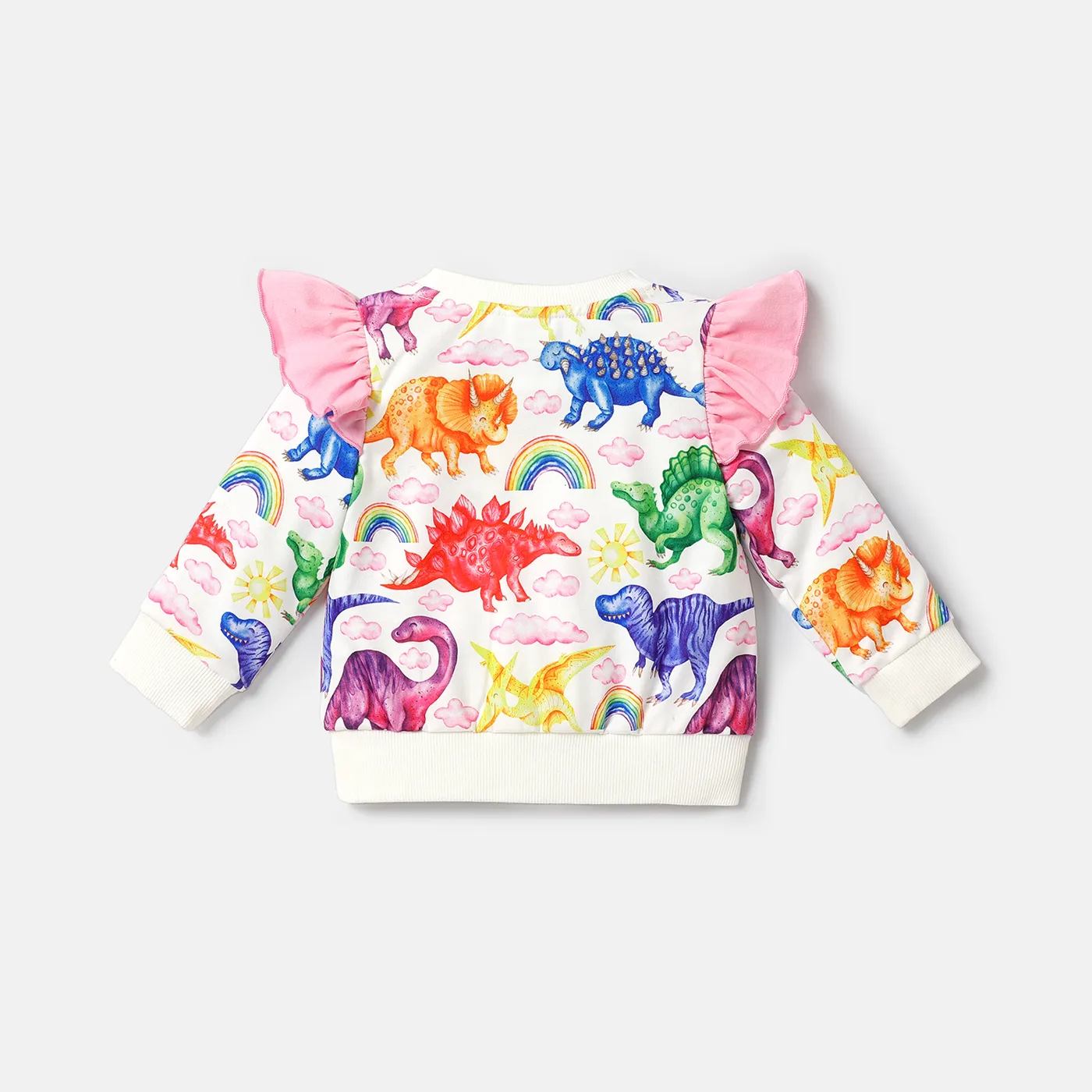 Baby Girl Allover Colorful Dinosaur Print Ruffle Trim Long-sleeve Naia™ Sweatshirt Pink image 2
