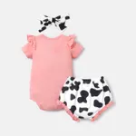 3pcs Baby Girl Cotton Short-sleeve Letter Graphic Romper and Cow Print Naia™ Shorts & Headband Set  image 3