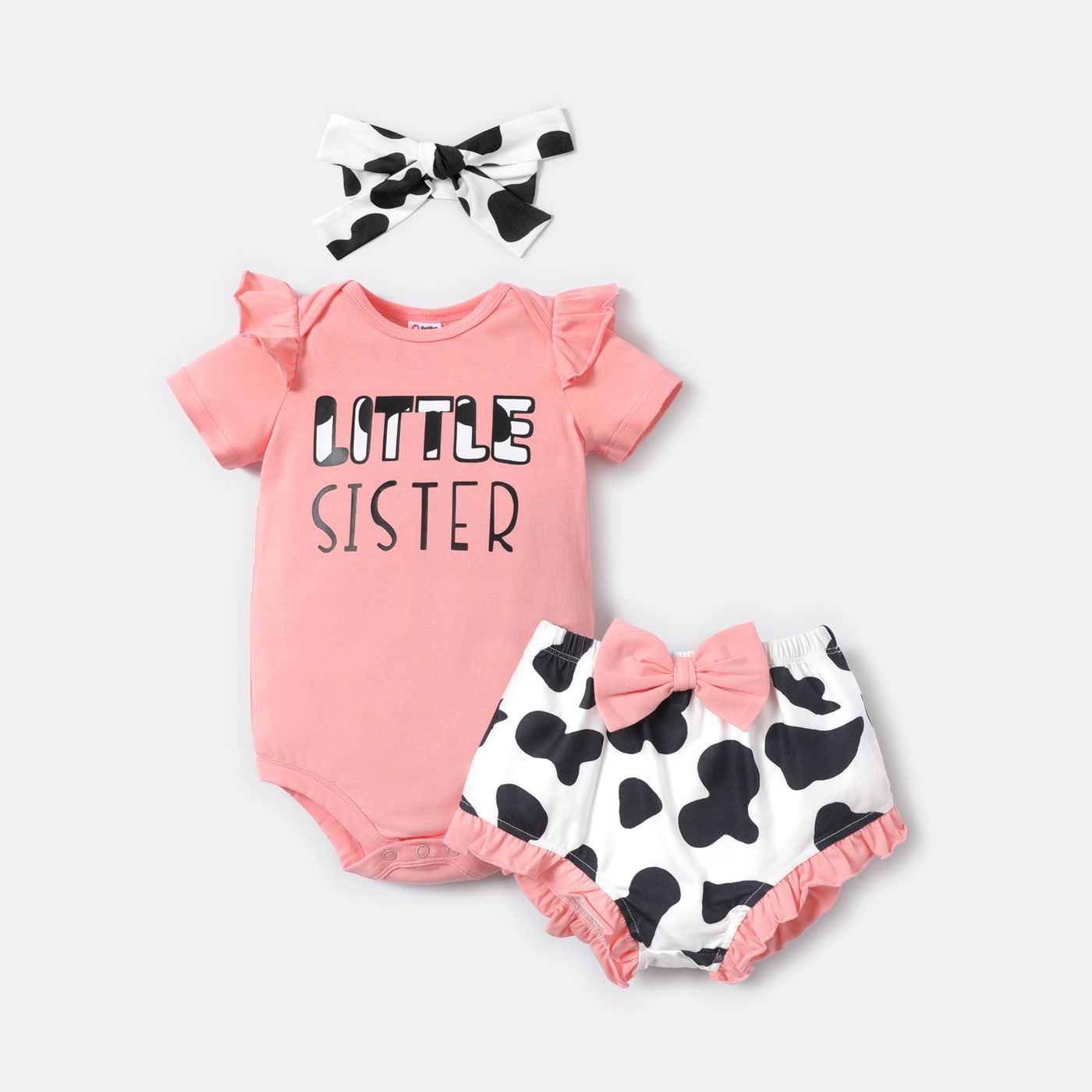 3pcs Baby Girl Cotton Short-sleeve Letter Graphic Romper and Cow Print Naia Shorts & Headband Set