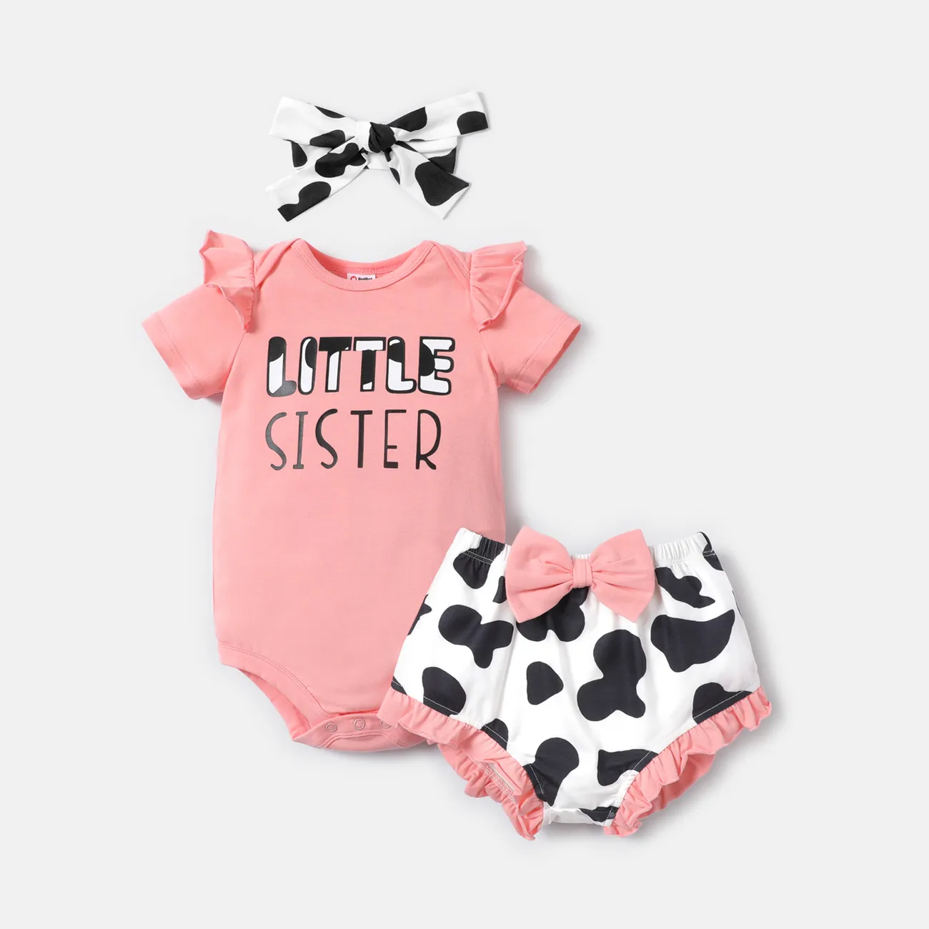 3pcs Baby Girl Cotton Short-sleeve Letter Graphic Romper and Cow Print Naia™ Shorts & Headband Set  big image 1
