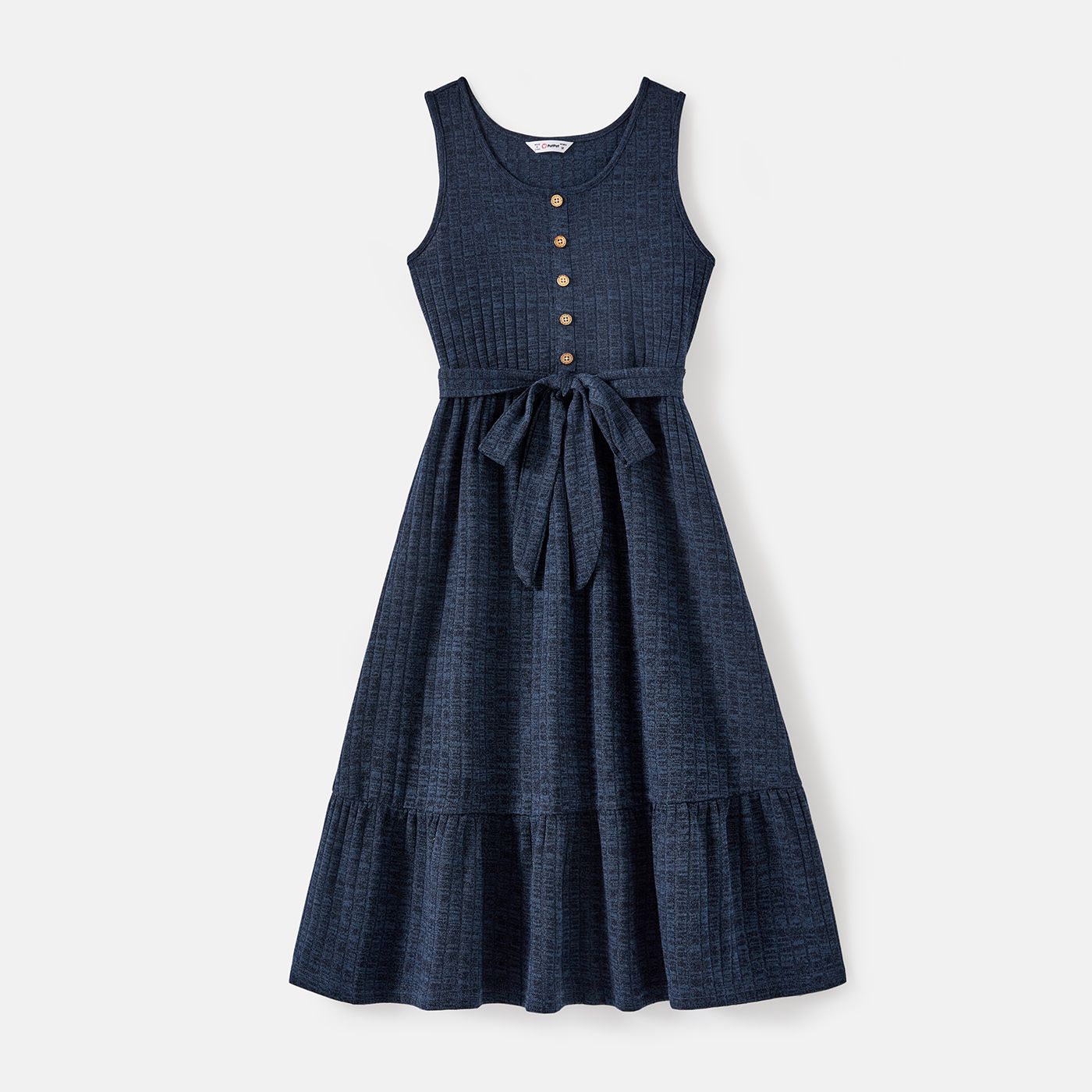 Mommy And Me Dark Blue Button Front Sleeveless Belted Dresses