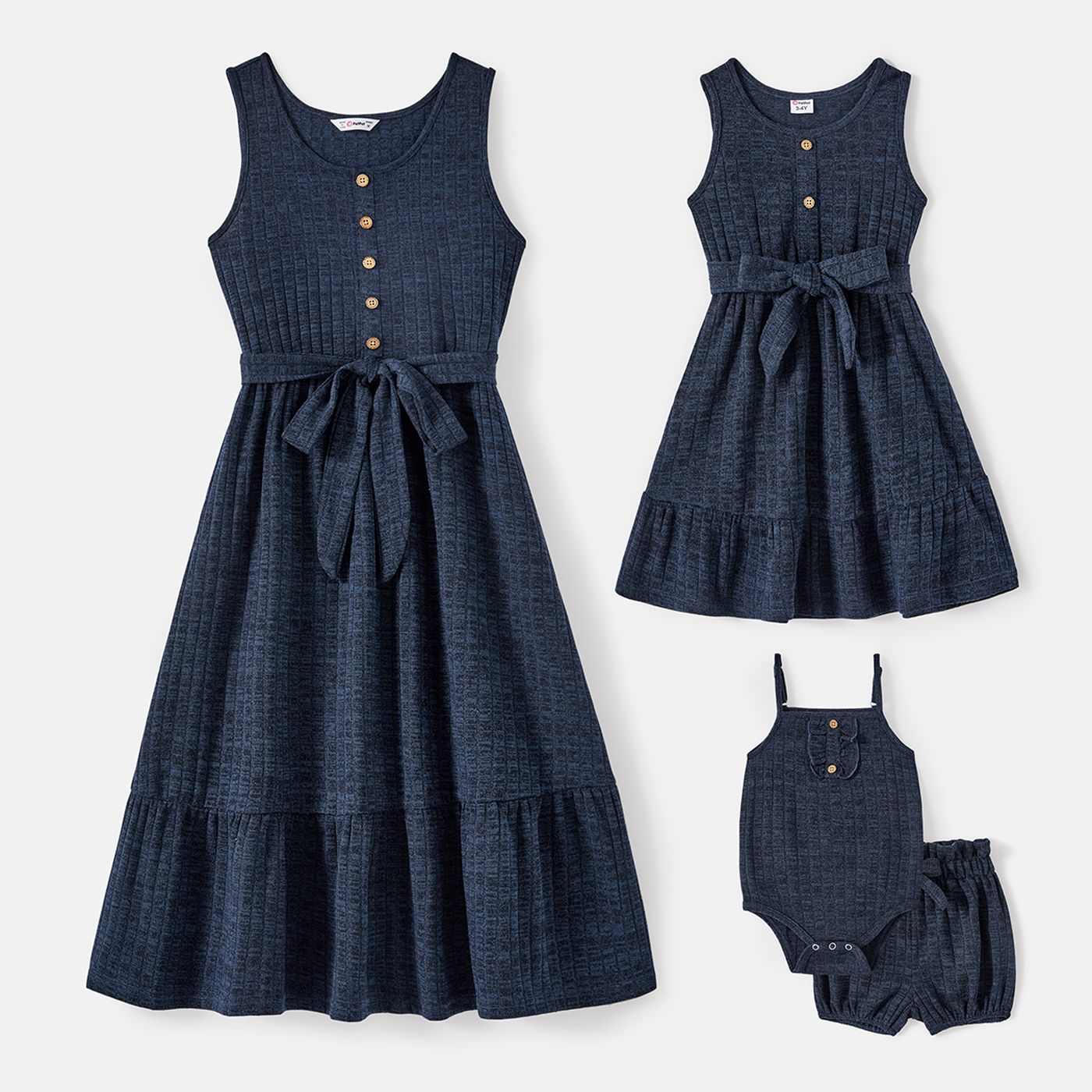 Mommy And Me Dark Blue Button Front Sleeveless Belted Dresses