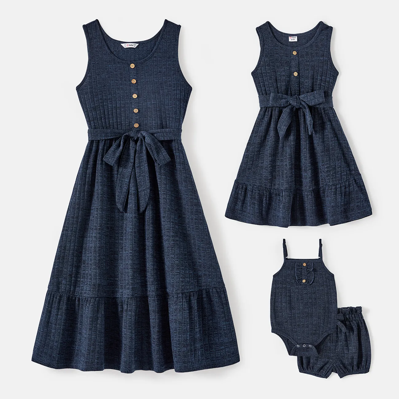 Mommy and Me Dark Blue Button Front Sleeveless Belted Dresses Dark Blue big image 1