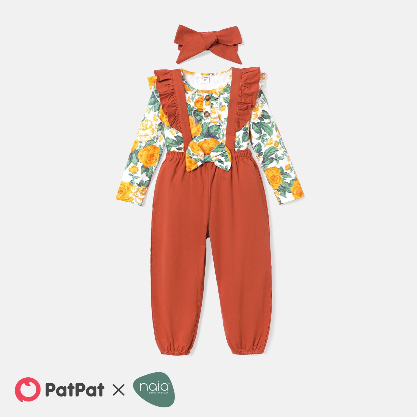 

Naia 3pcs Toddler Girl Floral Print Tee & Ruffled Overalls and Headband Set