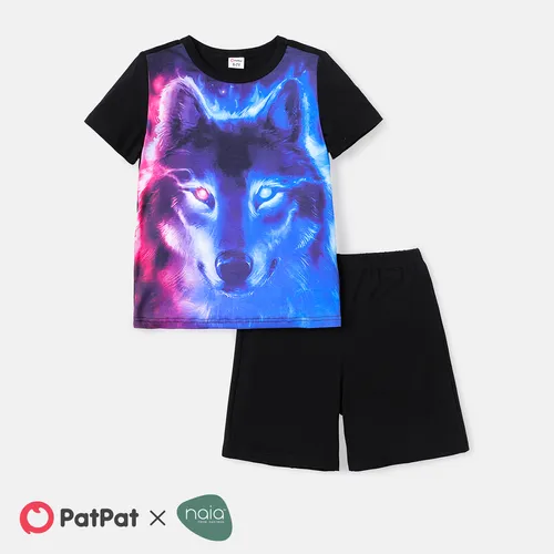 2pcs Kid Boy Naia Animal Wolf Print Short-sleeve Tee and Elasticized Shorts Set