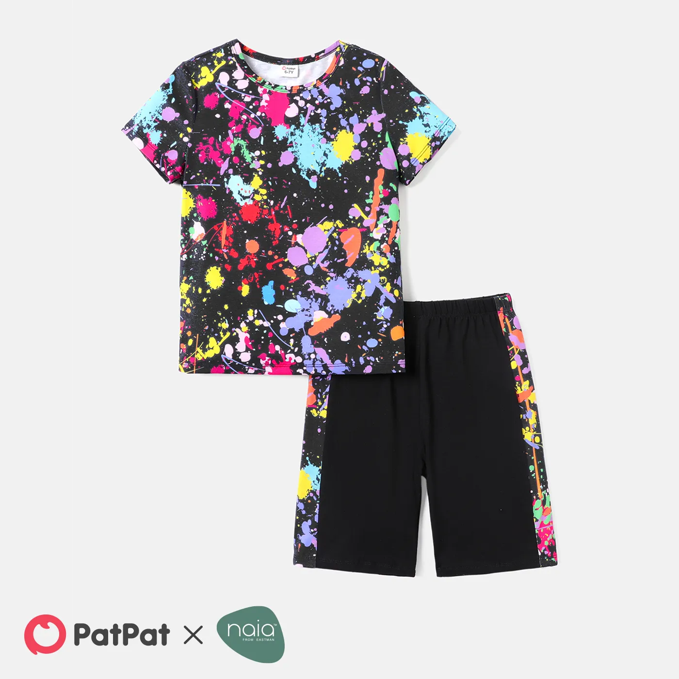 2pcs Kid Boy Naia Painting Print Short-sleeve Tee and Colorblock Shorts Set Black