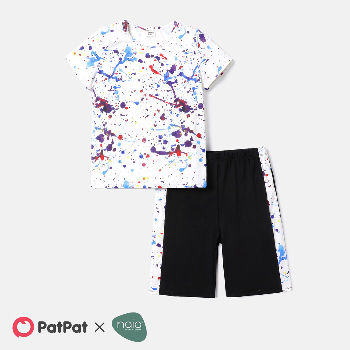 2pcs Enfant Garçon Naia Peinture Imprimer T-shirt à Manches Courtes Et Short Colorblock Ensemble