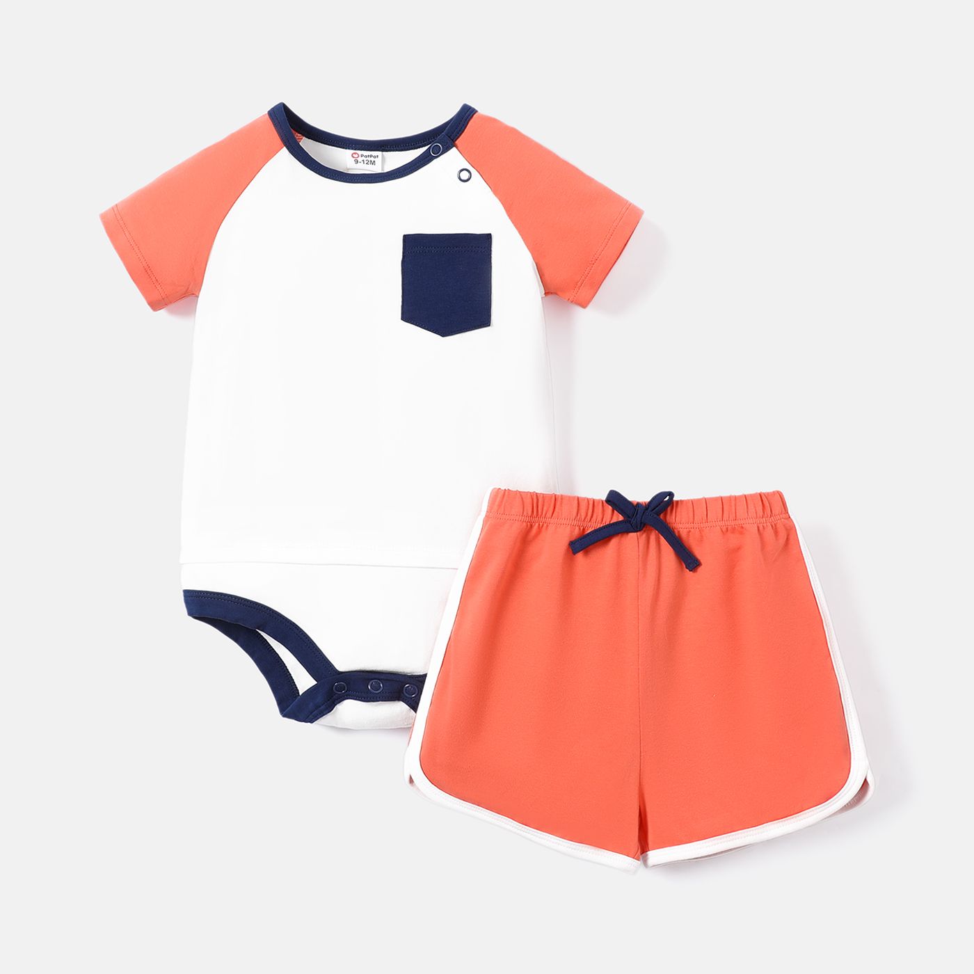 

2pcs Baby Girl/Boy Cotton Pocket Design Short Raglan Sleeve Romper and Shorts Set