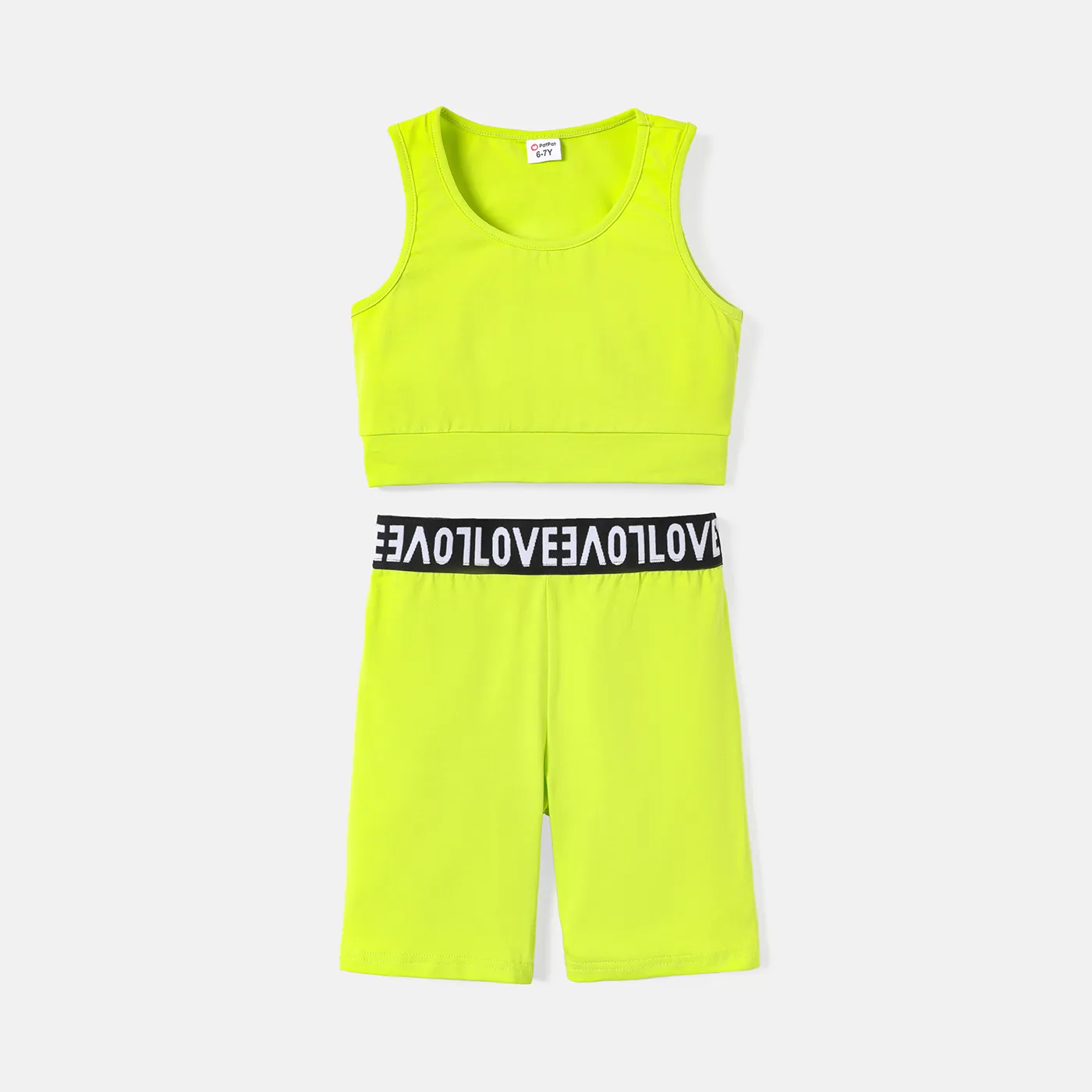2pcs Kid Girl Solid Color Cotton Tank Tops and Webbing Design Shorts Set lightgreen