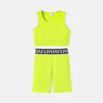 2pcs Kid Girl Solid Color Cotton Tank Tops and Webbing Design Shorts Set lightgreen