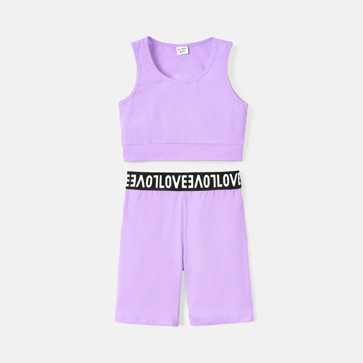 2pcs Kid Girl Solid Color Cotton Tank Tops and Webbing Design Shorts Set LightMediumPurple