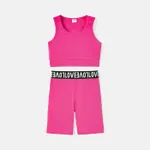 2pcs Kid Girl Solid Color Cotton Tank Tops and Webbing Design Shorts Set Hot Pink