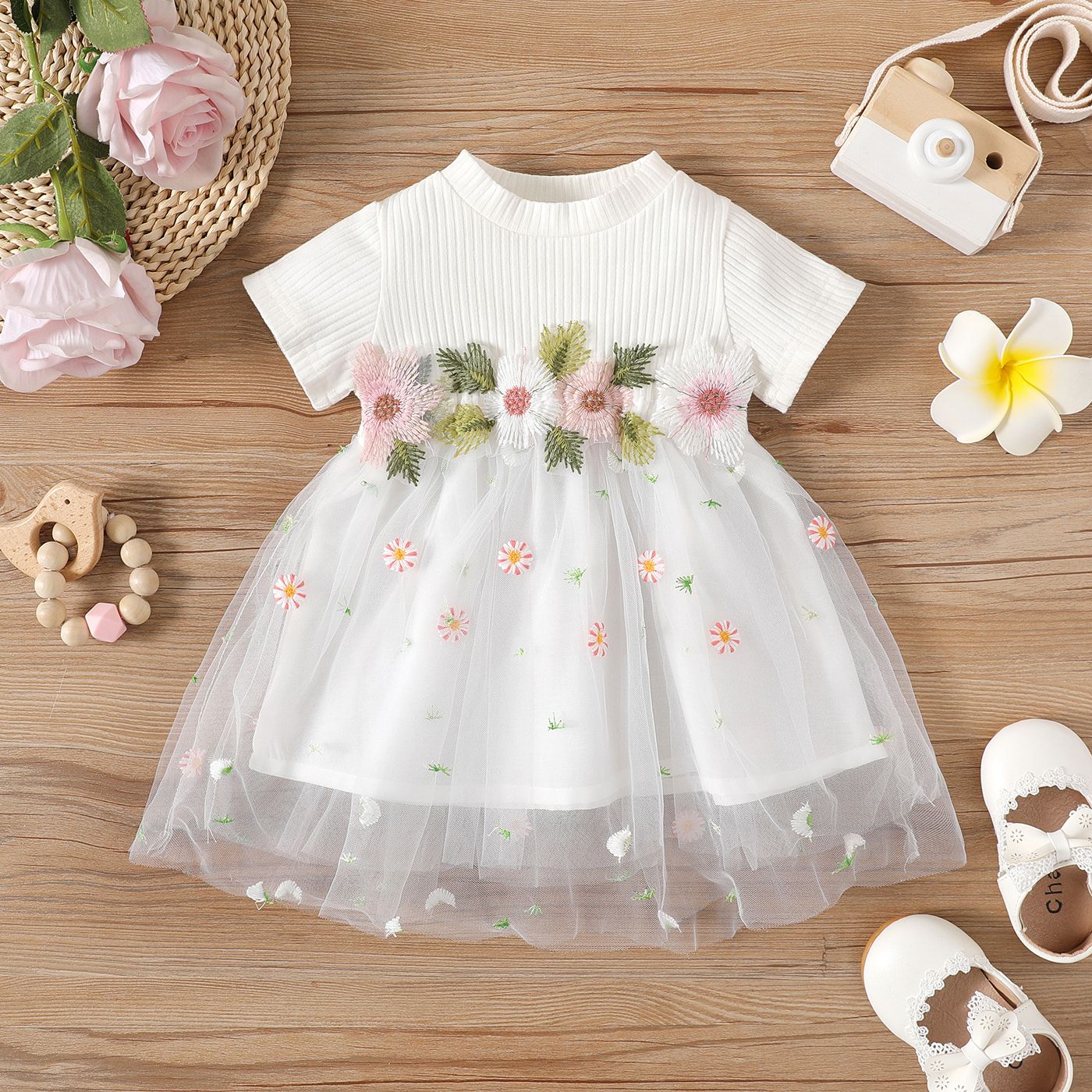 

Baby Girl 95% Cotton Ribbed Short-sleeve/Long-sleeve Spliced Floral Embroidered Mesh Fairy Dress