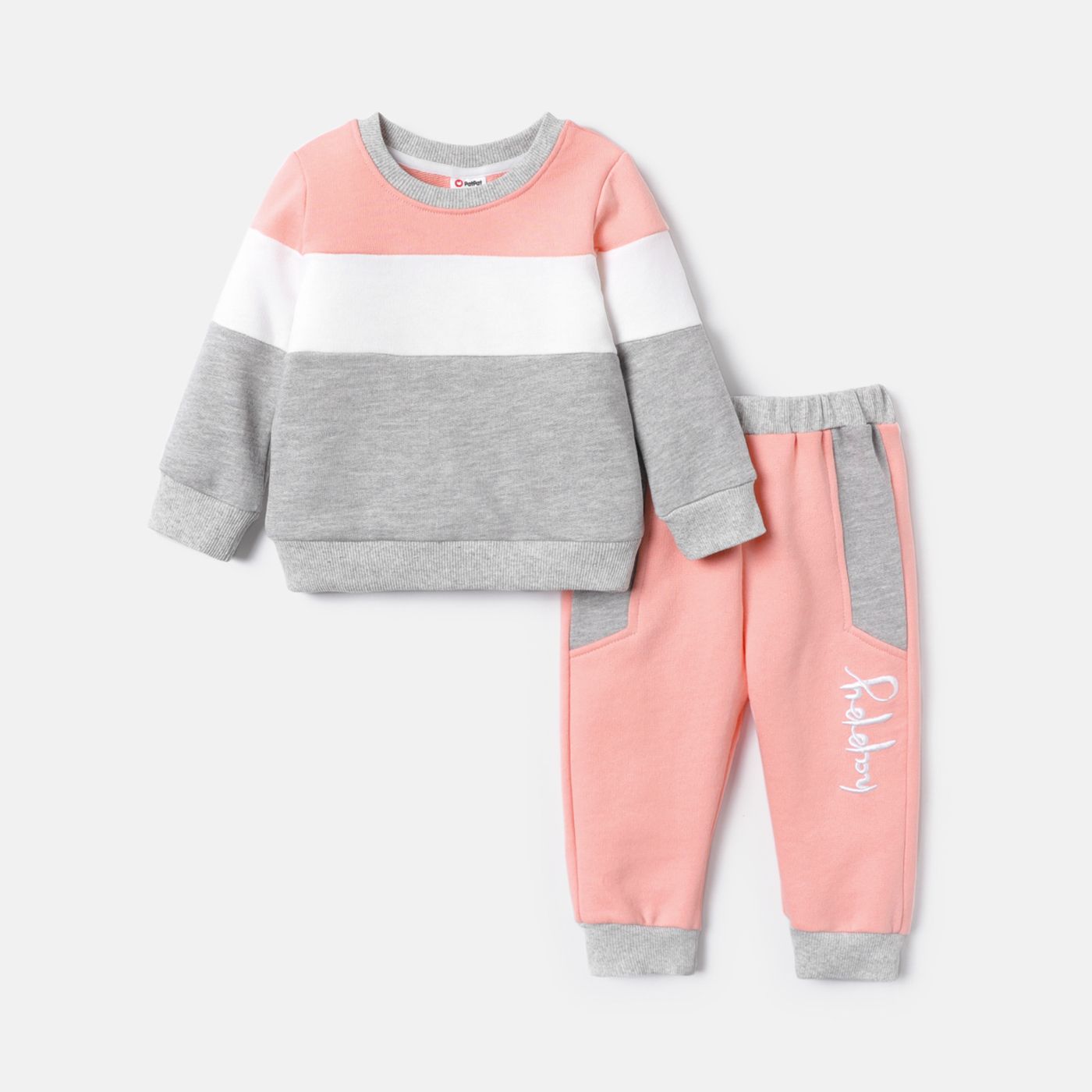 2pcs Baby Boy/Girl Long-sleeve Colorblock Sweatshirt And Letter Print Sweatpants Set