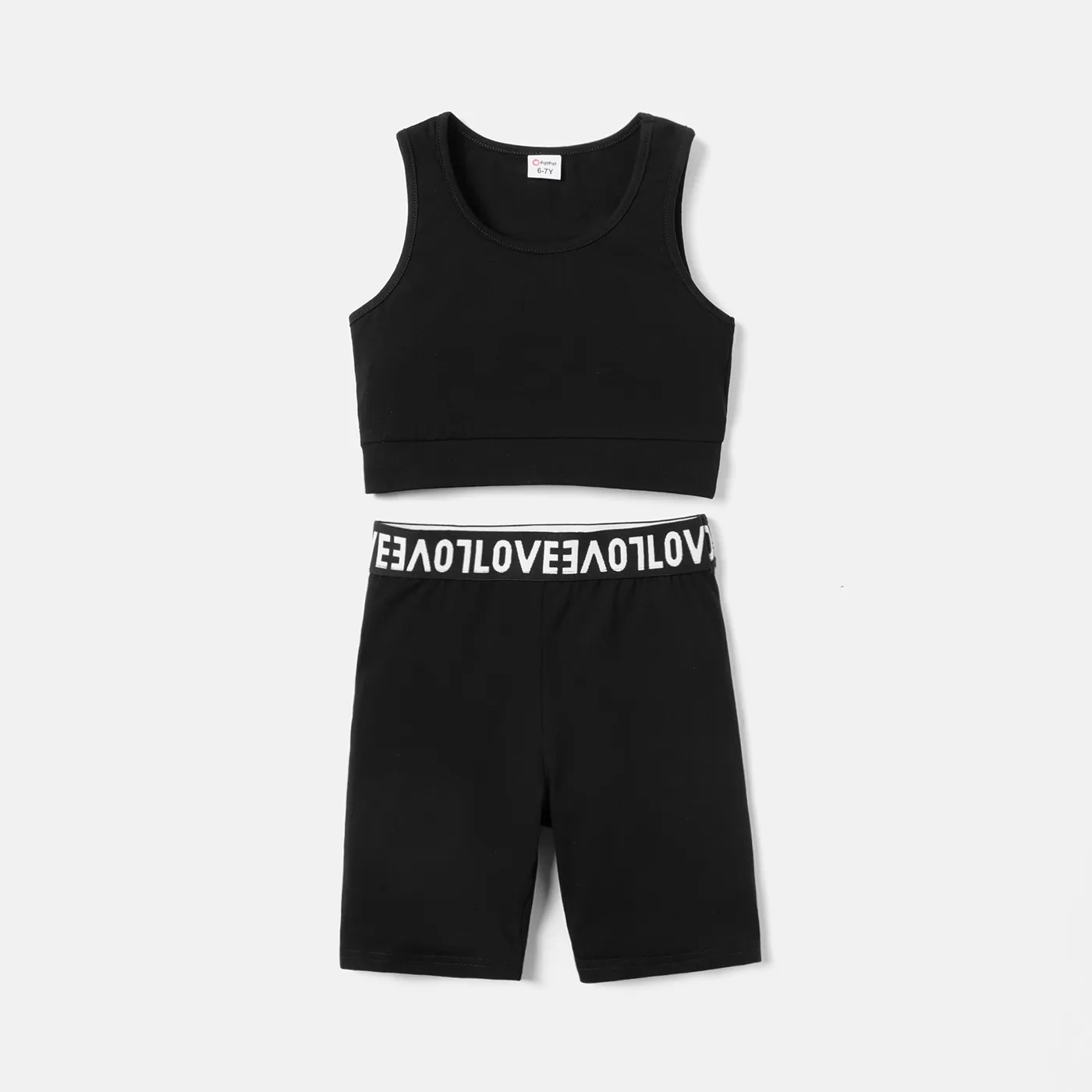 2pcs Kid Girl Solid Color Cotton Tank Tops and Webbing Design Shorts Set Black