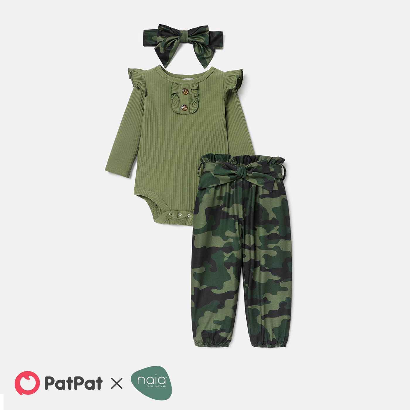 3pcs Baby Girl Solid Cotton Ribbed Long-sleeve Romper And Camouflage Print Belted Pants & Headband Set
