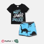 2pcs Baby Boy Cotton Short-sleeve Letter Graphic Tee and Allover Dinosaur Print Naia™ Shorts Set Blue