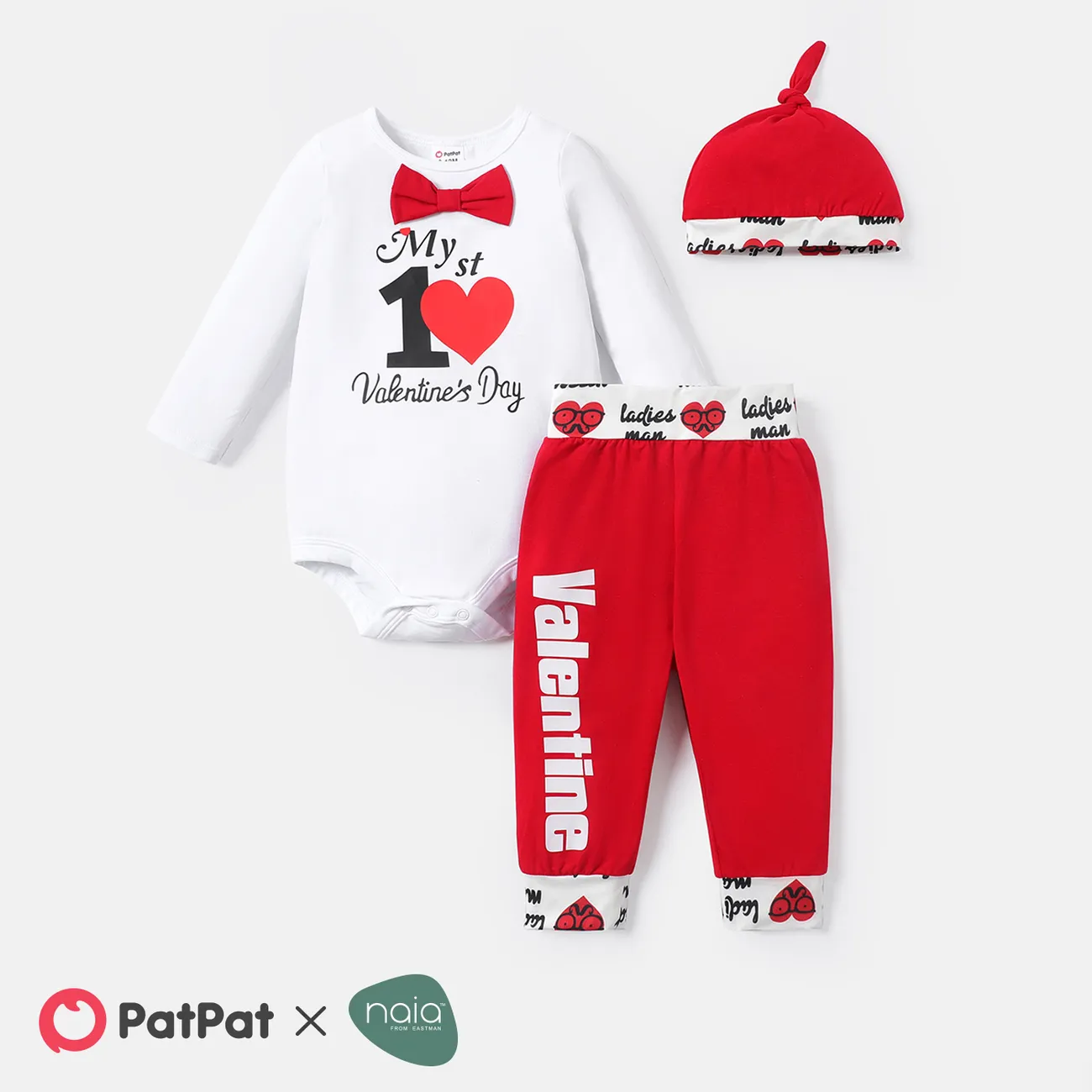 Valentine's Day 3pcs Baby Boy/Girl Cotton Long-sleeve Graphic Romper and Spliced Naia™ Pants & Hat Set REDWHITE big image 1