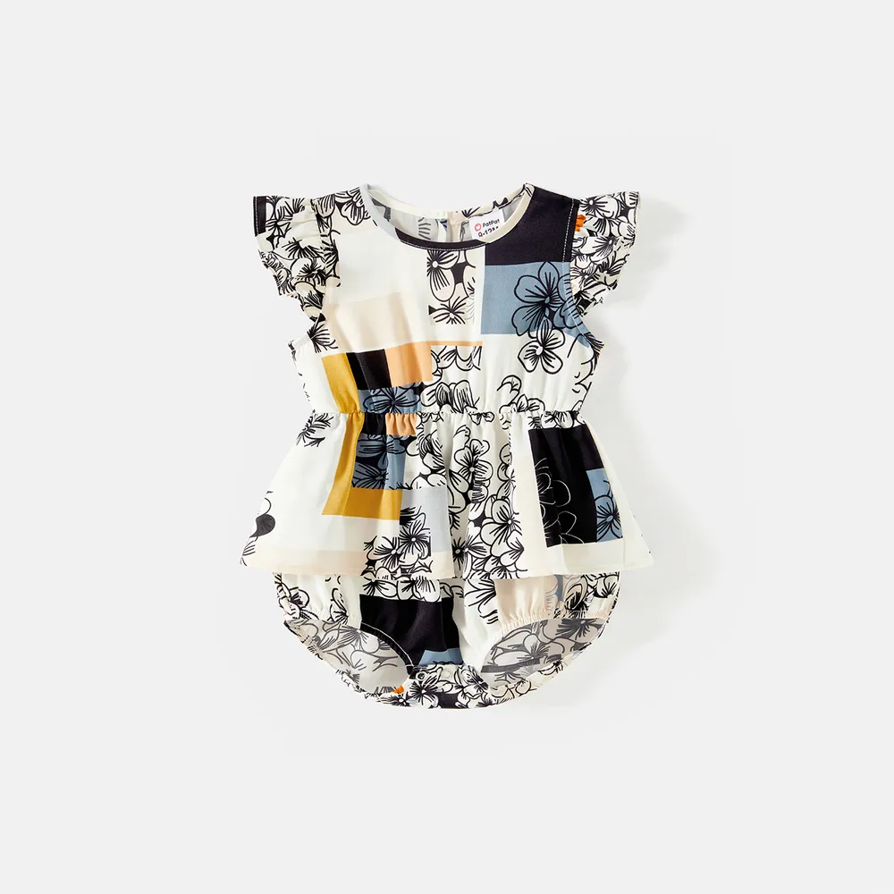 Family Matching Cotton Short-sleeve Striped Spliced T-shirts and Allover Plaid Floral Print Flutter-sleeve Dresses Sets big image 1