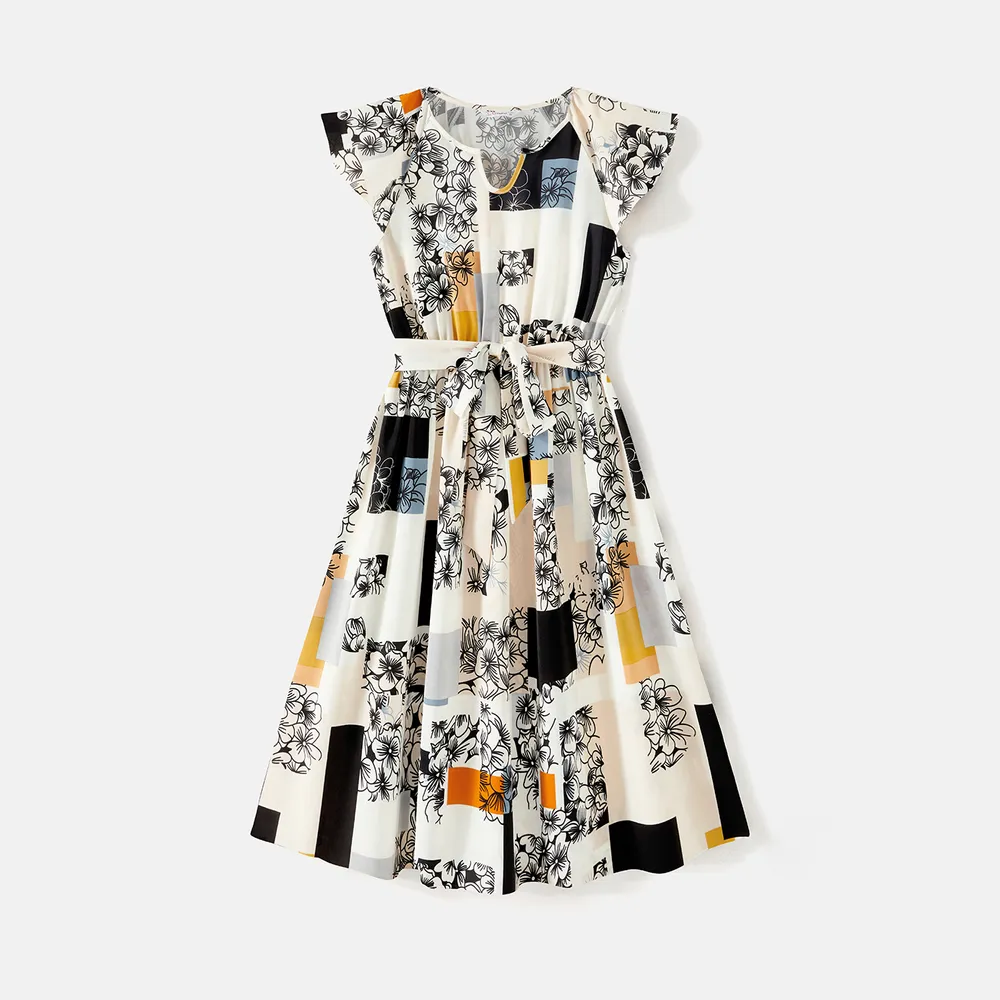 Family Matching Cotton Short-sleeve Striped Spliced T-shirts and Allover Plaid Floral Print Flutter-sleeve Dresses Sets big image 9
