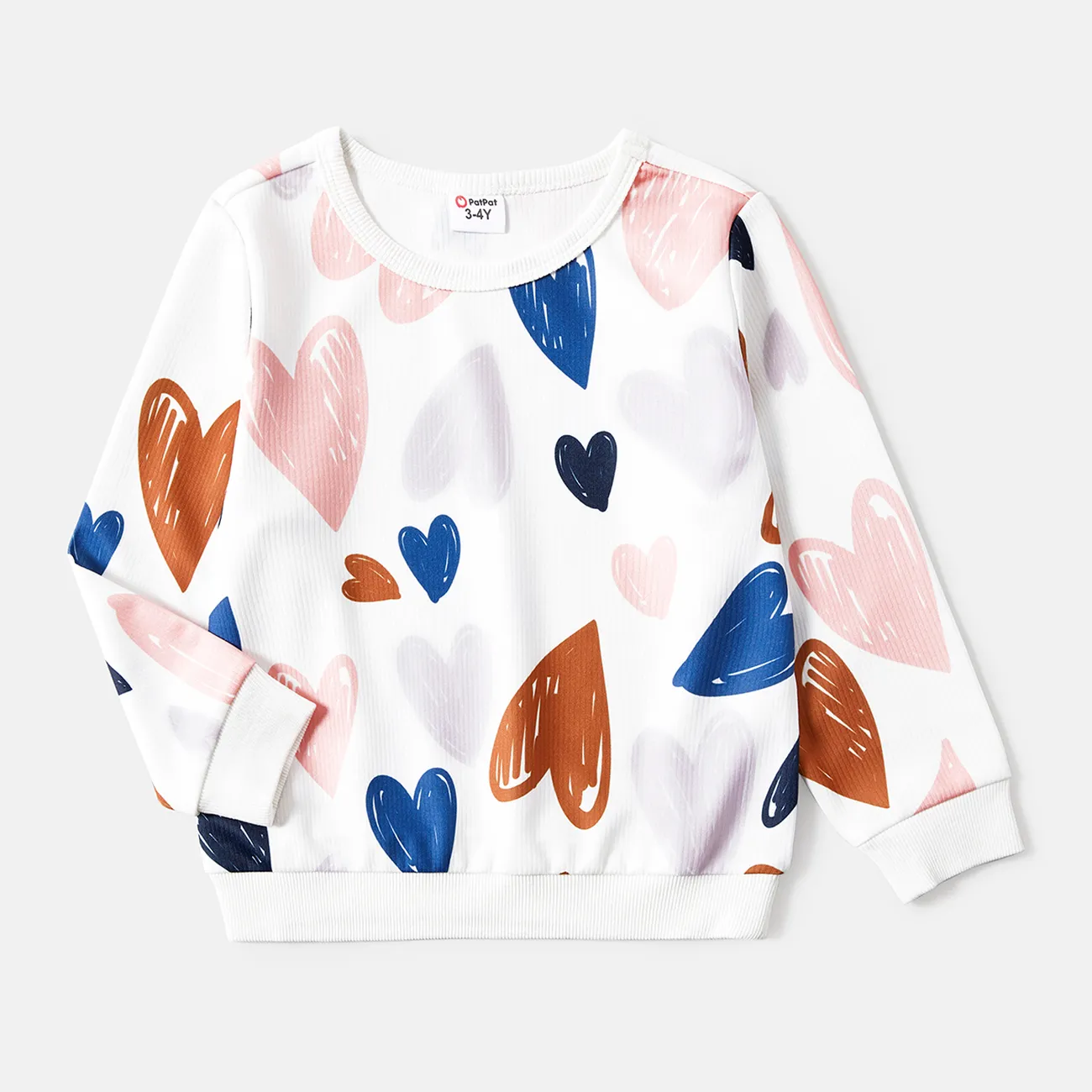 Family Matching Allover Heart Print and Colorblock Ribbed Long-sleeve Sweatshirts Color block big image 1