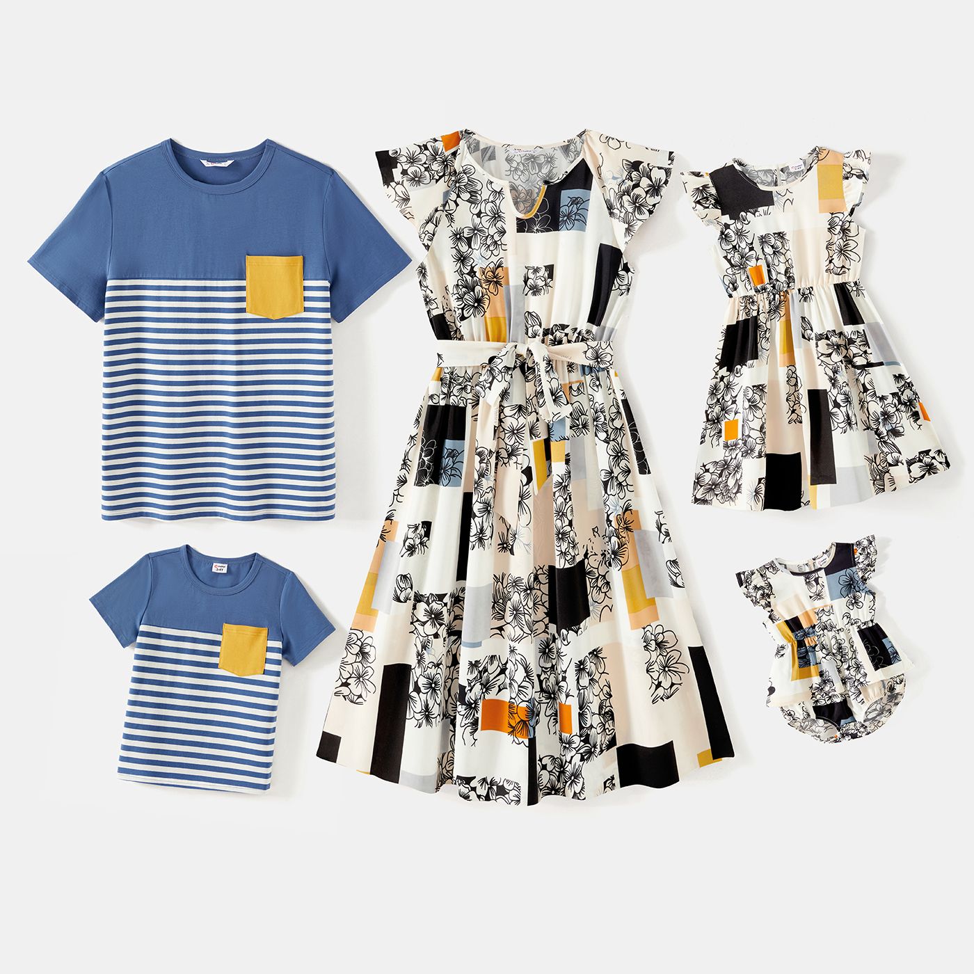 Family Matching Cotton Short-sleeve Striped Spliced T-shirts and Allover Plaid Floral Print Flutter-sleeve Dresses Sets
