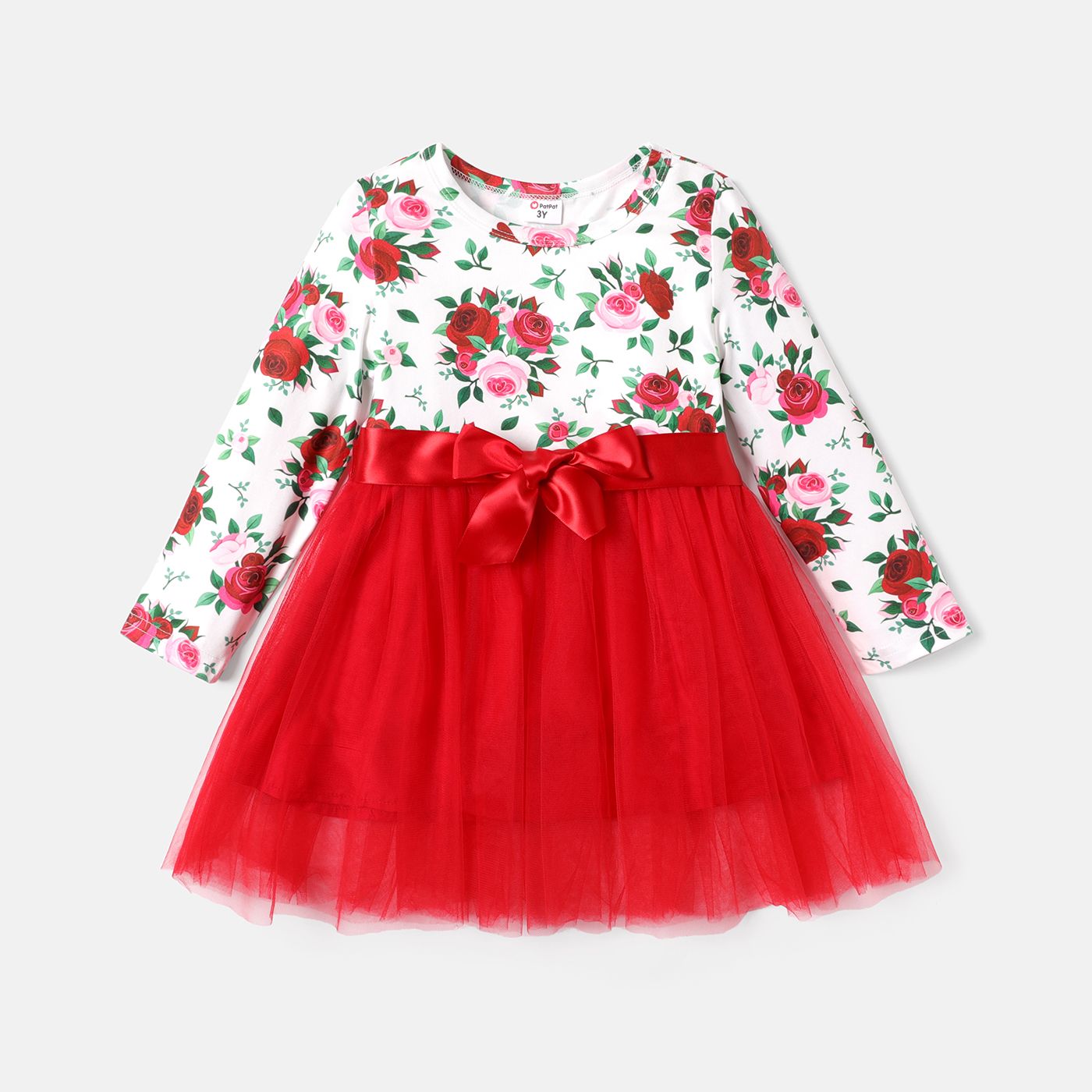 

Toddler Girl Floral Print Mesh Splice Long-sleeve Belted Dress