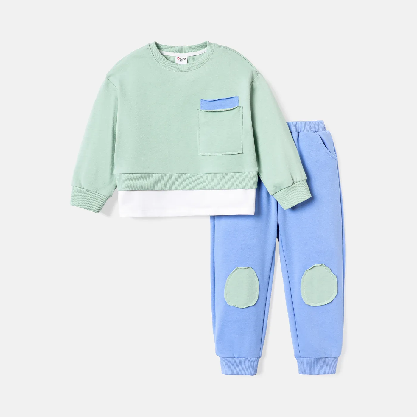 2pcs Toddler Boy Faux-two Pocket Design Sweatshirt and Colorblock Pants Set Green