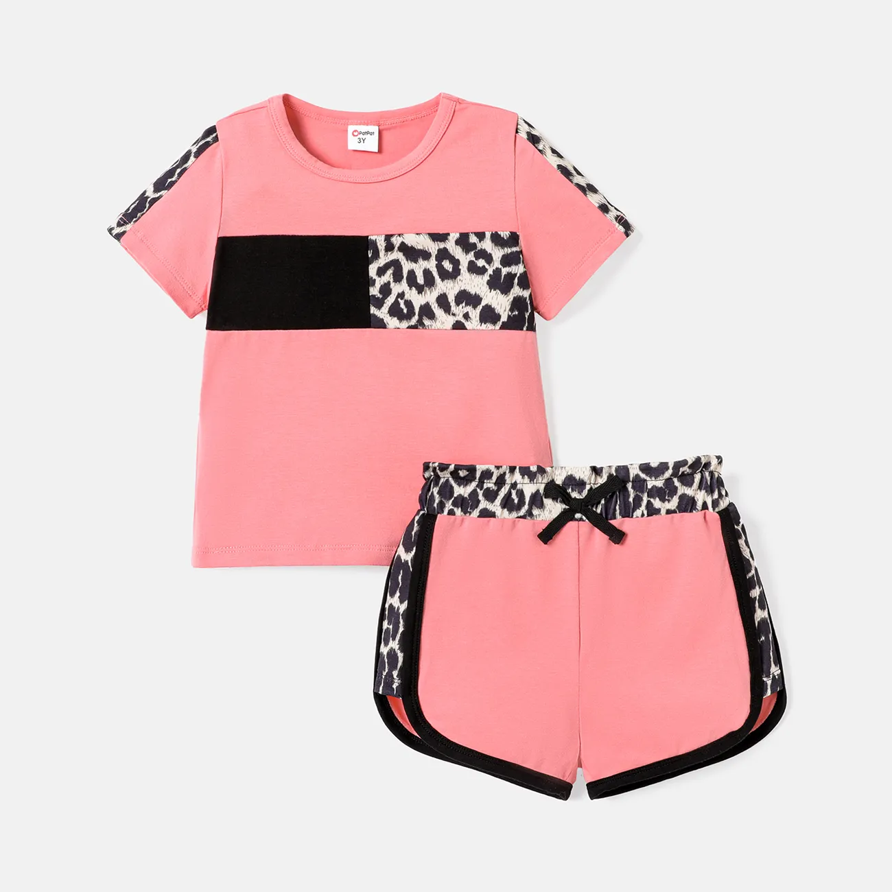 2pcs Toddler Girl Naia Leopard Print Splice Short-sleeve Tee and Elasticized Shorts Set Pink big image 1